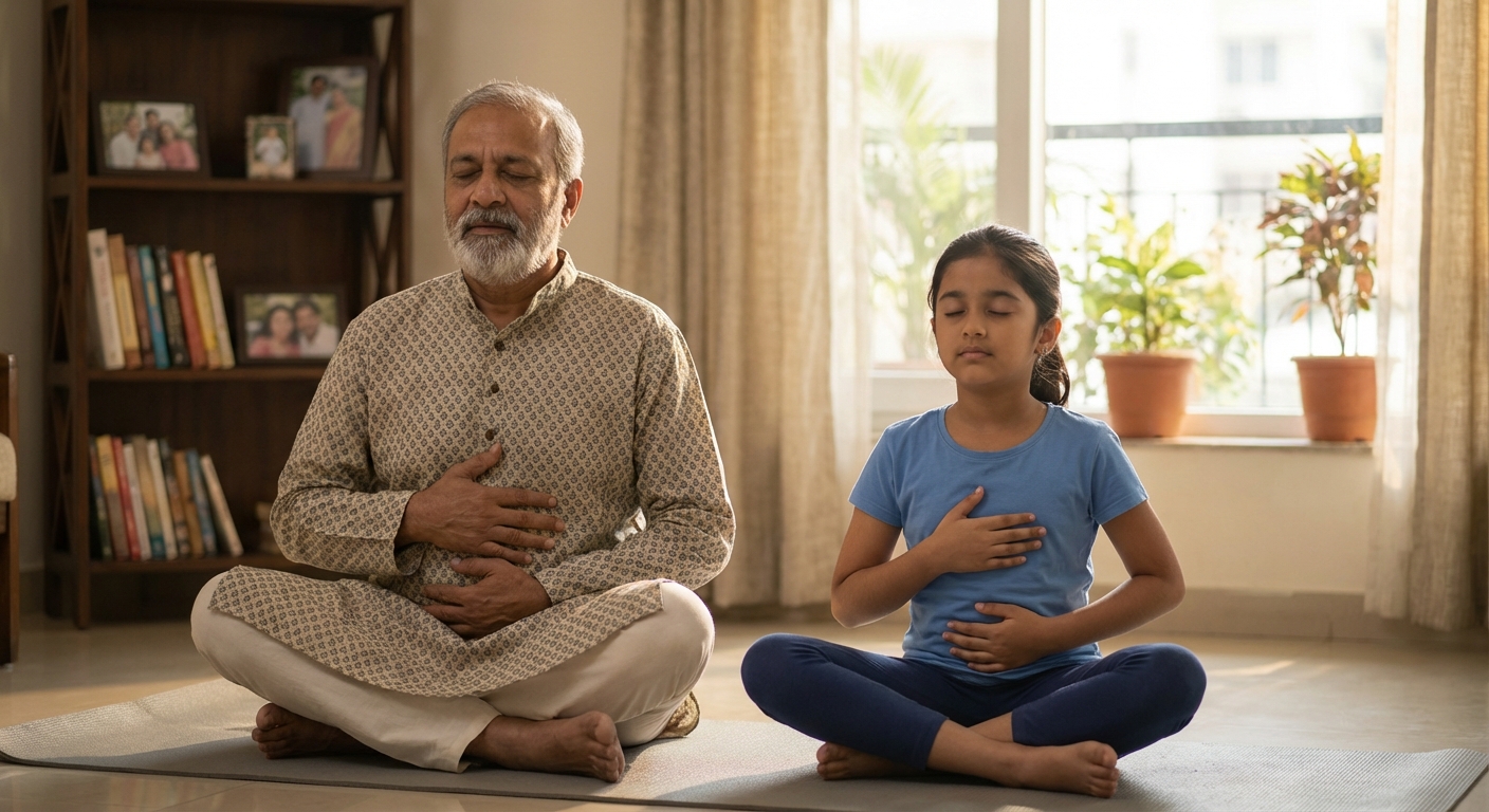 Indian parent and child practicing breathing exercises together