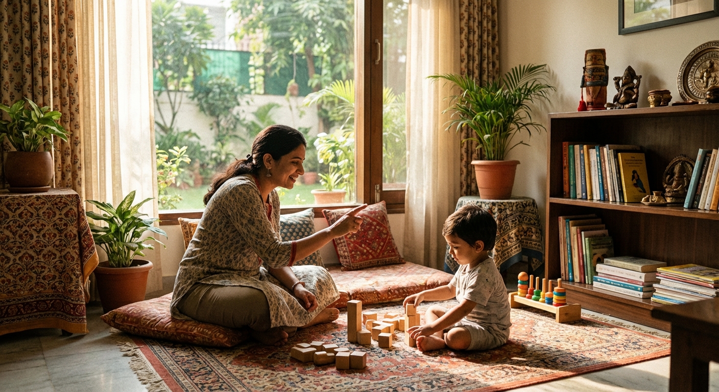 Professional child psychologist's office with calming Indian decor
