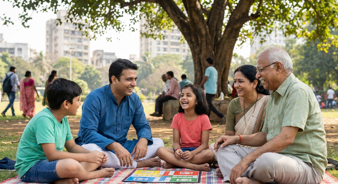 Happy Indian family spending quality time together outdoors