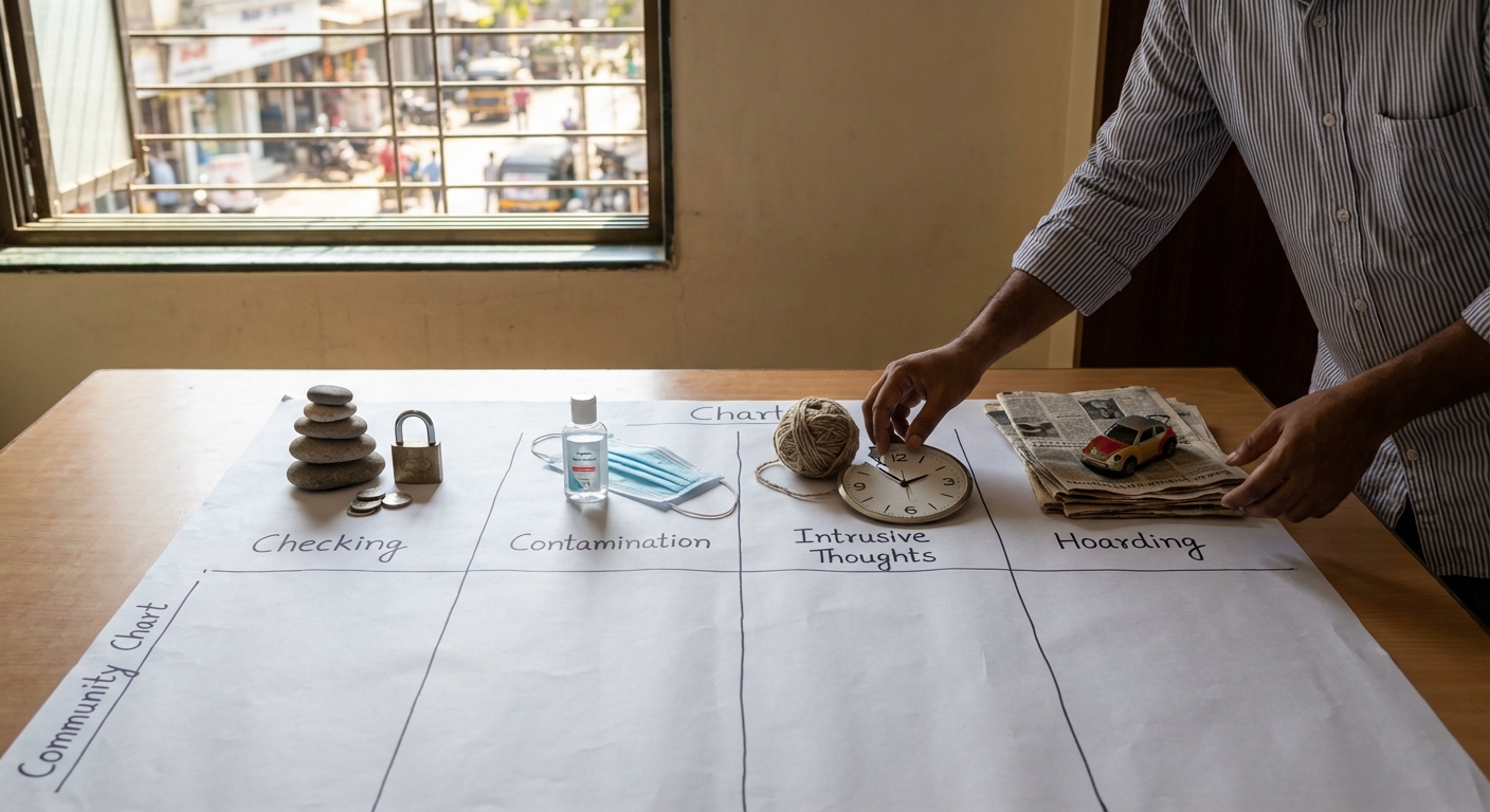 An infographic showing different types of OCD represented through symbolic imagery