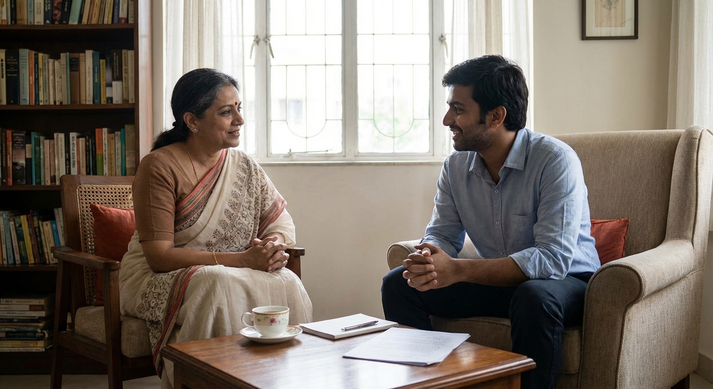 A calm counseling session between a psychologist and client