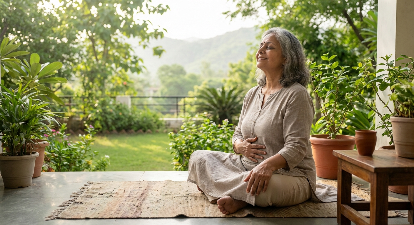 A person practicing deep breathing exercises in a peaceful setting