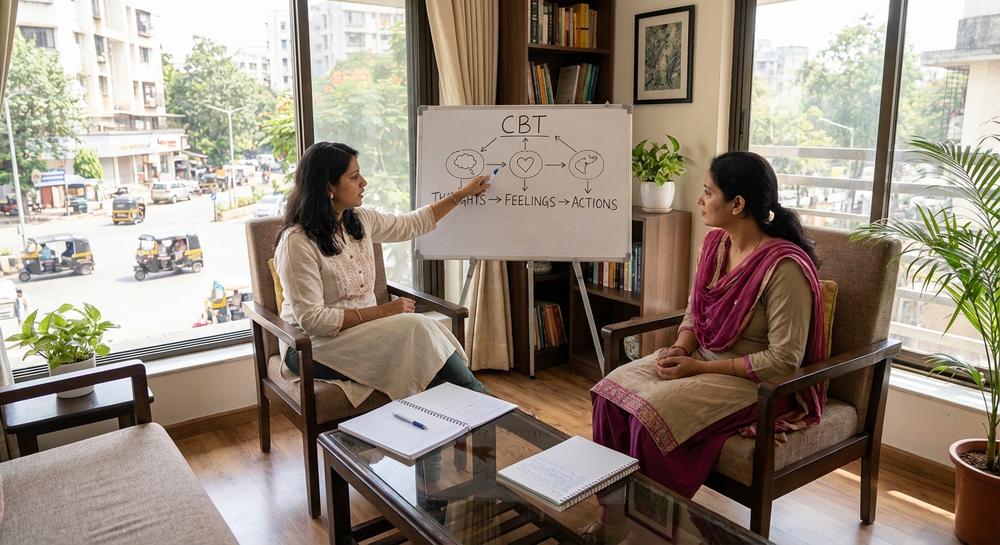 A therapy session showing CBT techniques being discussed