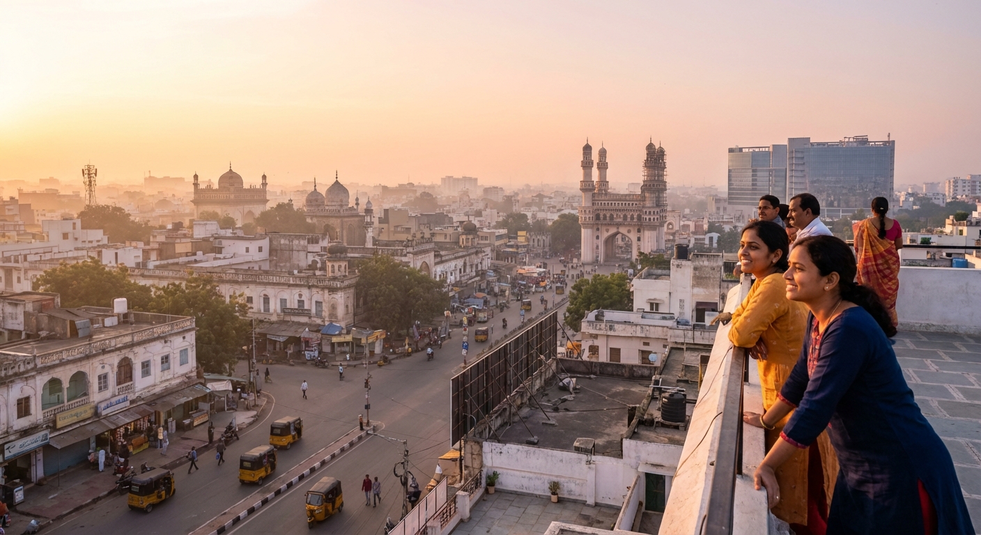 A sunrise over Hyderabad cityscape representing hope and new beginnings
