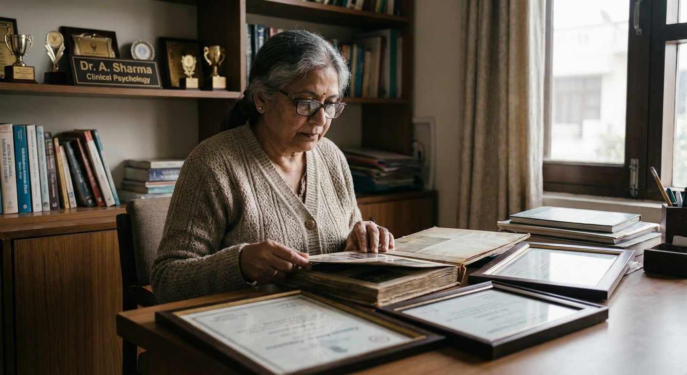 Woman looking at her old professional achievements