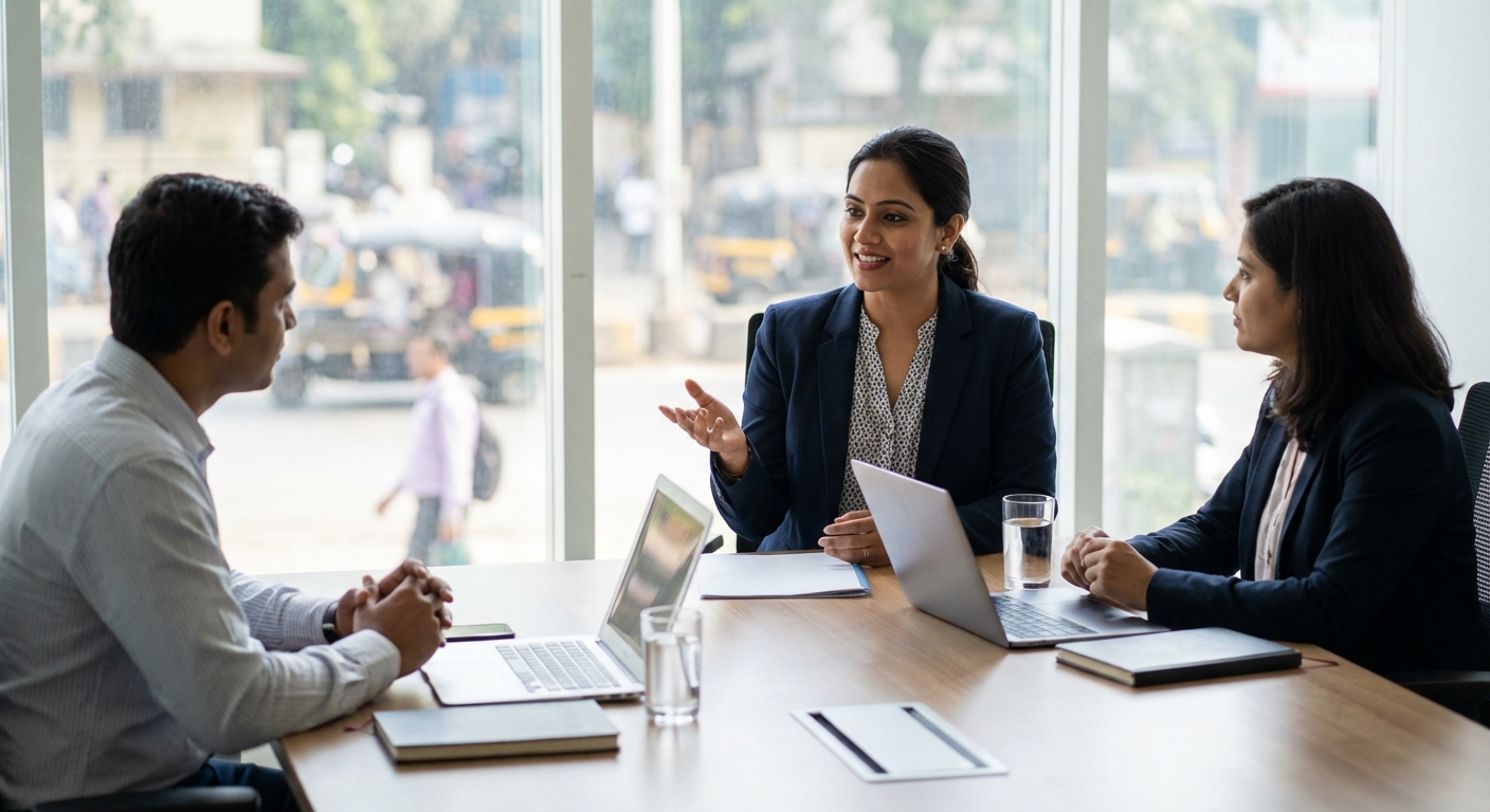 Woman confidently presenting in a job interview