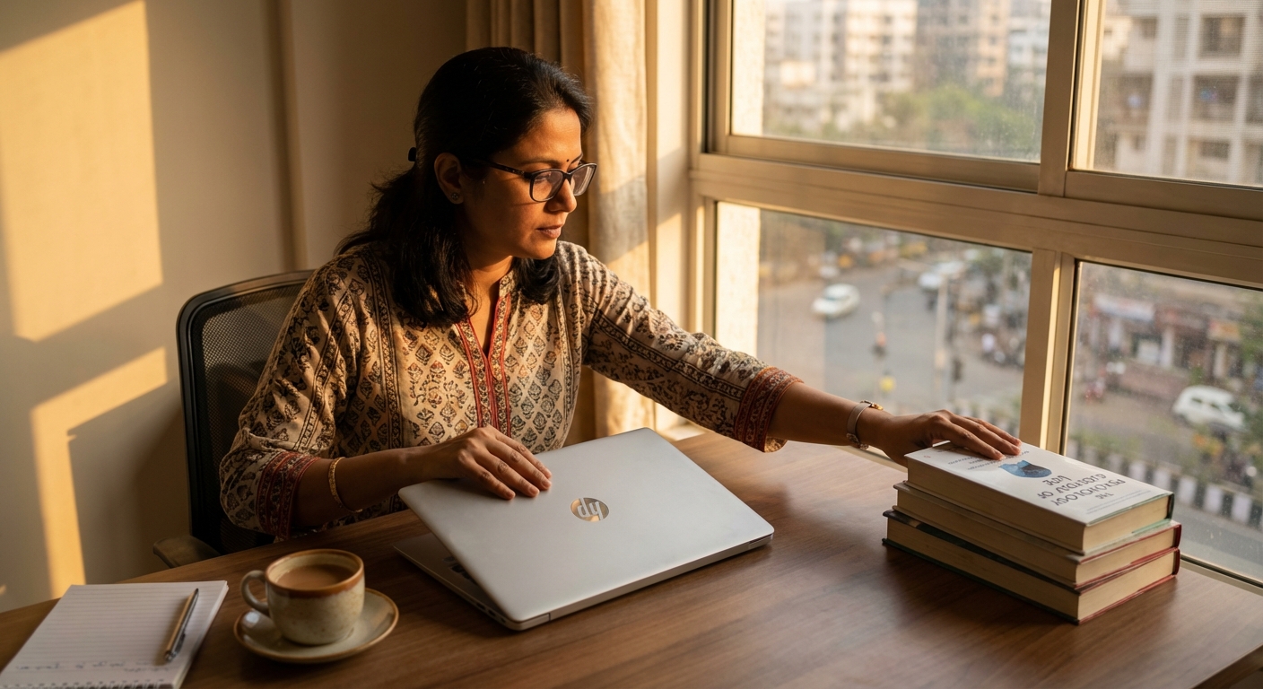An Indian professional closing a laptop and reaching for a book, with evening light visible through window and a cup of chai nearby
