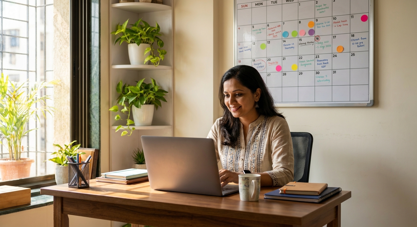 An Indian professional working at a well-organized home office space with good lighting, plants, and a structured schedule visible on a wall calendar