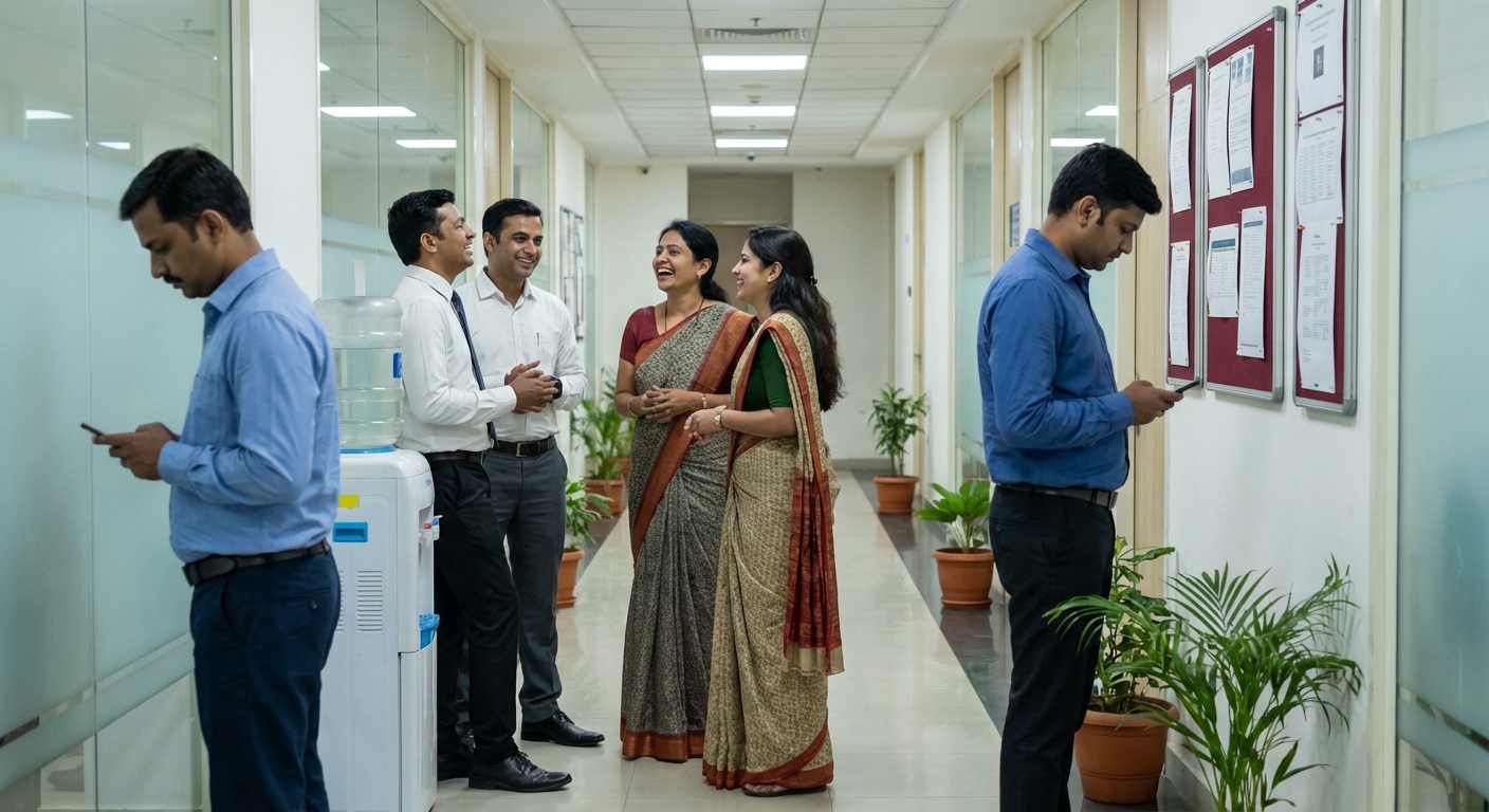 Group of colleagues excluding one person in office hallway